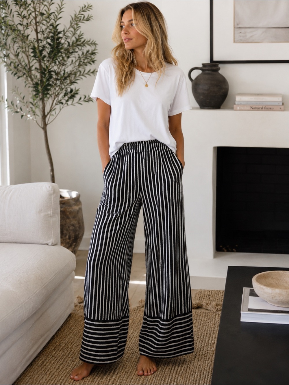 H&M Black and White Striped Wide Leg Pants